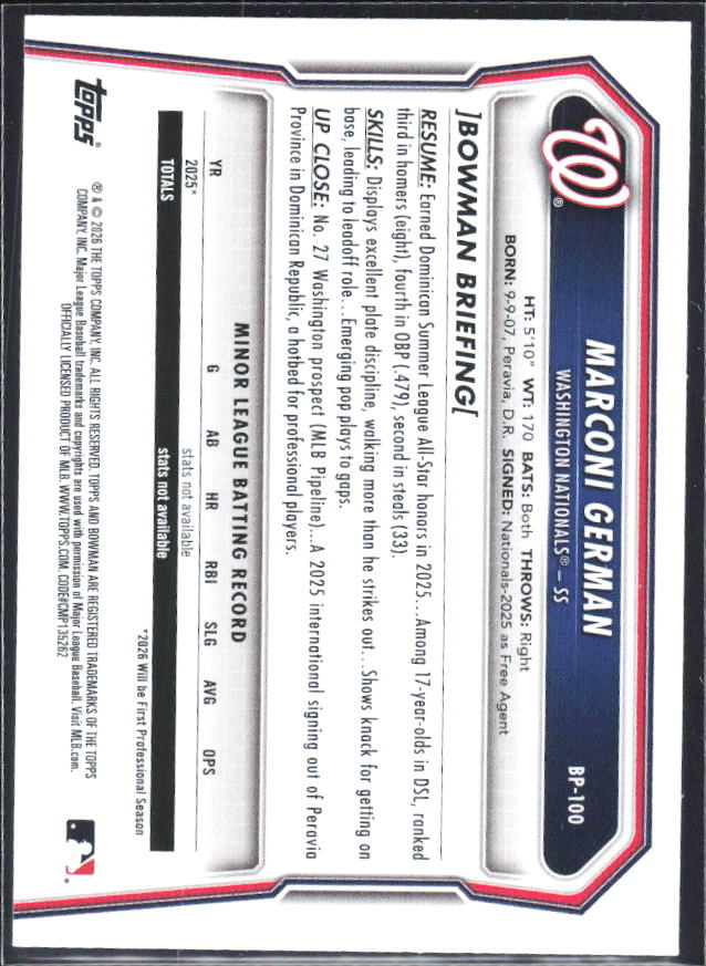 Marconi German 2026 Bowman 1st Prospects #BP-100 – baksida