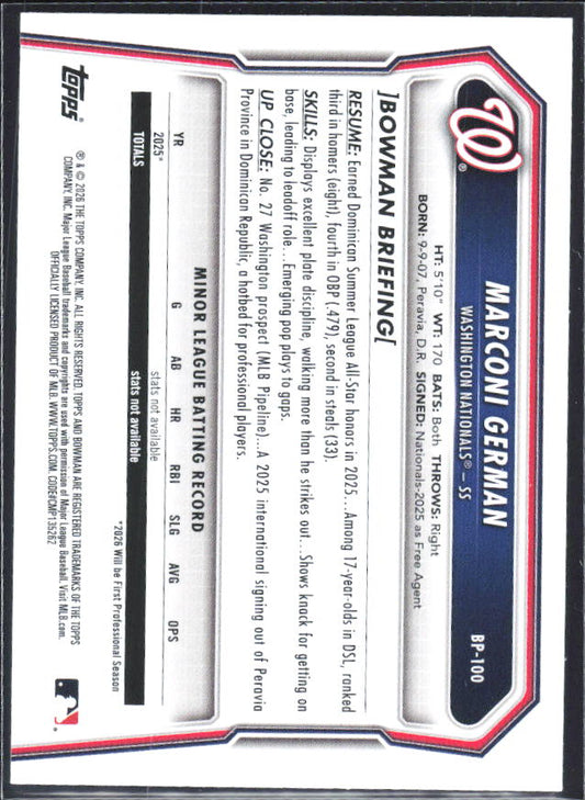 Marconi German 2026 Bowman 1st Prospects #BP-100 – baksida
