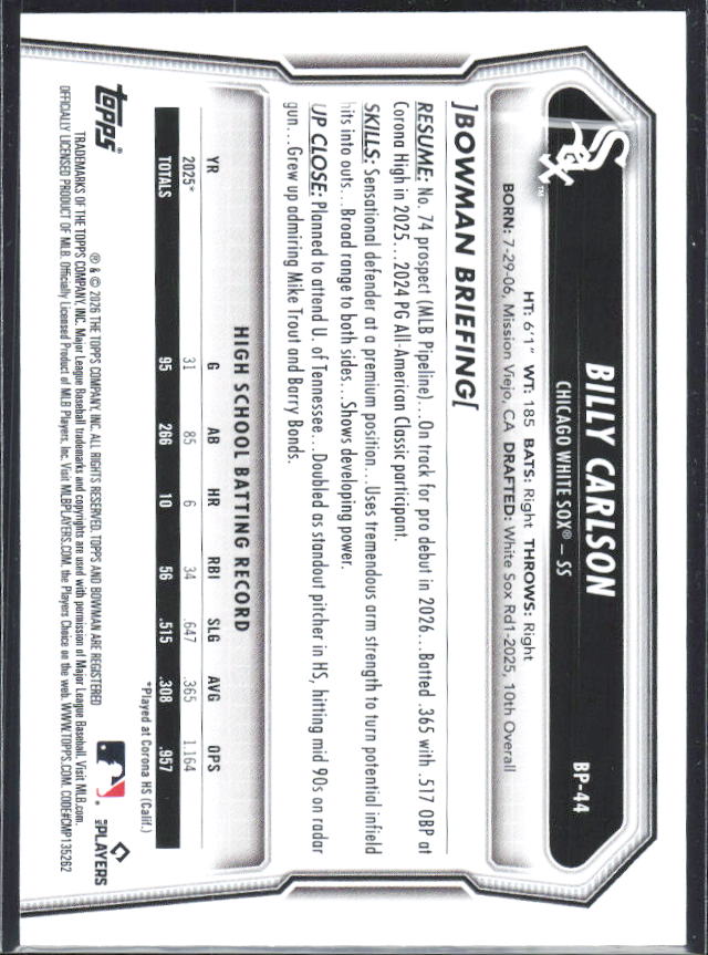 Billy Carlson 2026 Bowman Prospects #BP-44 – baksida