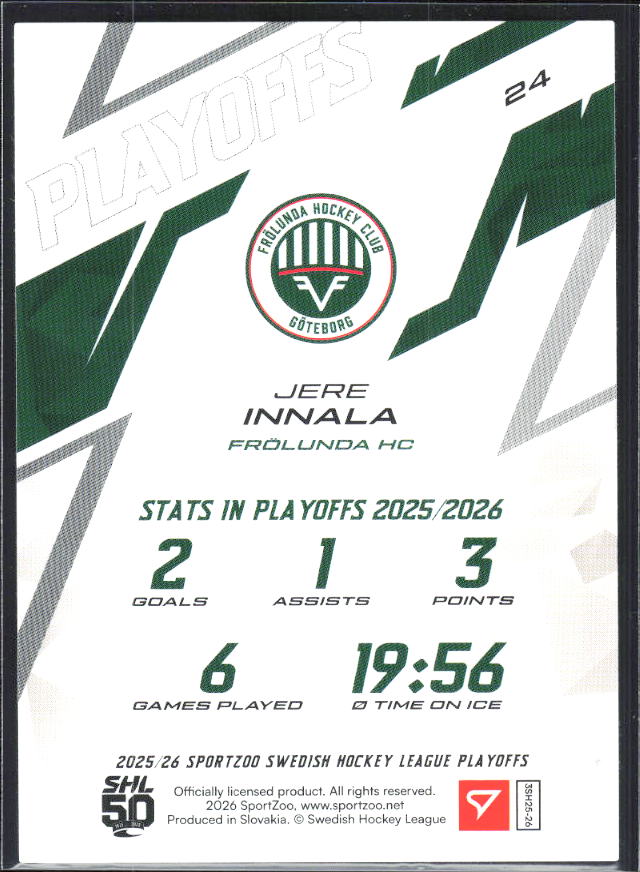 Jere Innala 2025-26 SHL Playoffs #24 – baksida