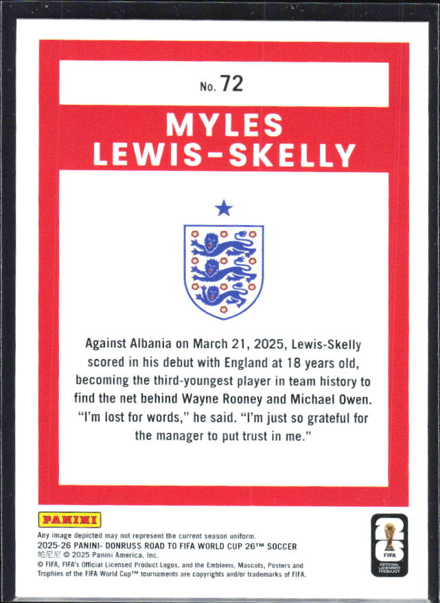 Myles Lewis-Skelly 2025-26 Donruss Road to FIFA WC #72 – baksida