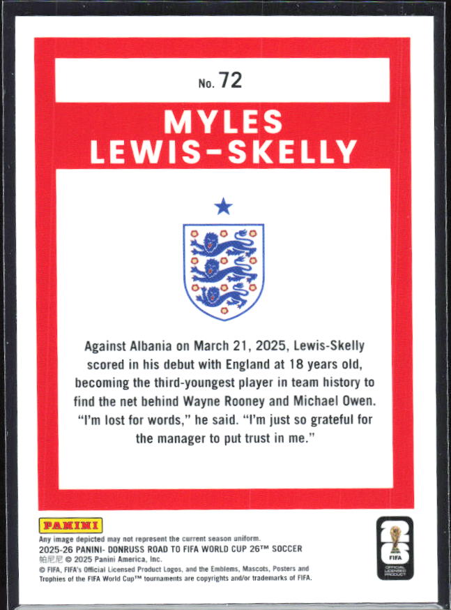 Myles Lewis-Skelly 2025-26 Donruss Road to FIFA WC Optic #72 – baksida
