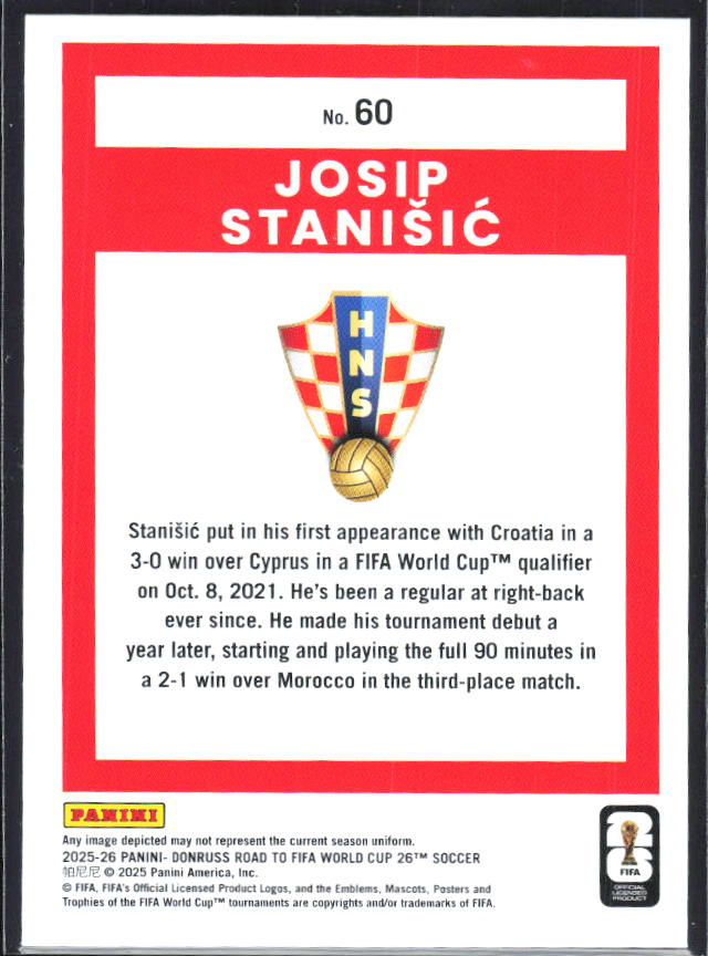 Josip Stanišić 2025-26 Donruss Road to FIFA WC #60 – baksida