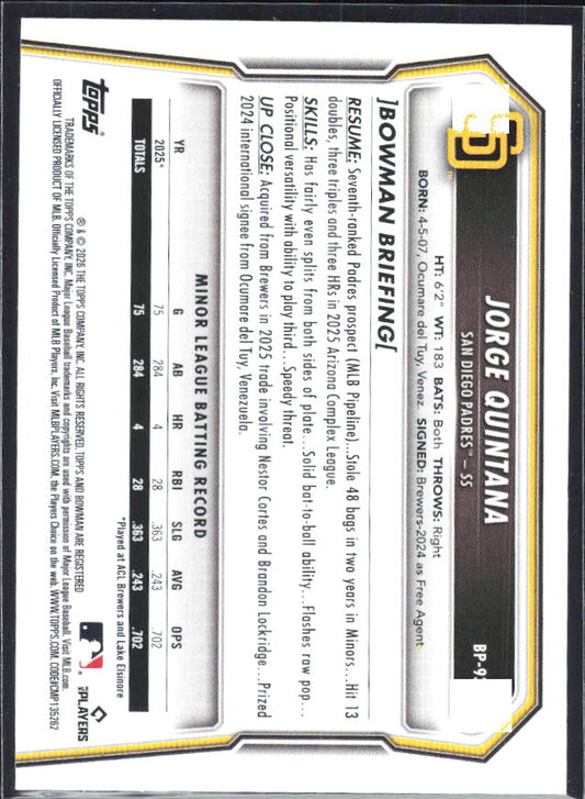 Jorge Quintana 2026 Bowman 1st Prospects #BP-93 – baksida