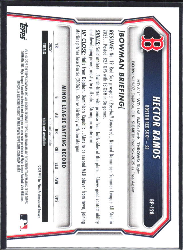 Hector Ramos 2026 Bowman 1st Prospects #BP-128 – baksida