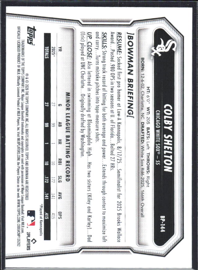 Colby Shelton 2026 Bowman 1st Prospects #BP-144 – baksida