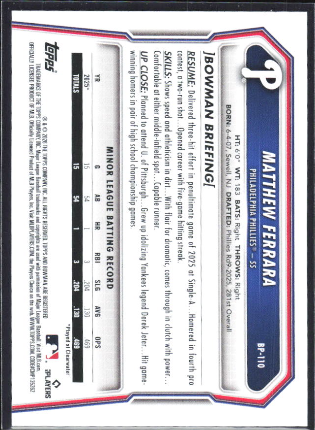 Matthew Ferrara 2026 Bowman 1st Prospects #BP-110 – baksida