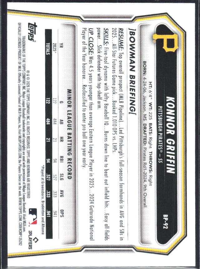 Konnor Griffin 2026 Bowman Prospects #BP-92 – baksida