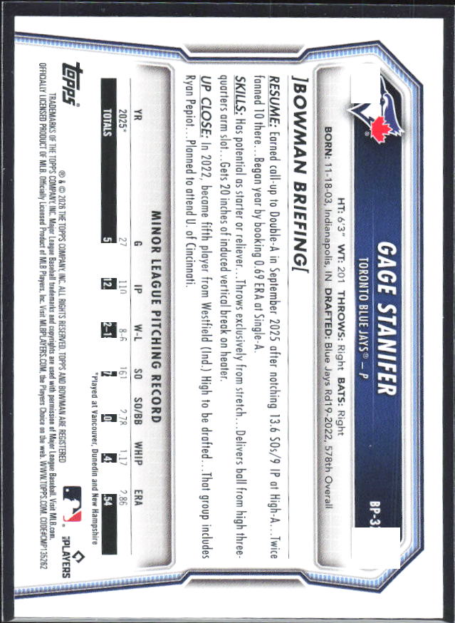 Gage Stanifer 2026 Bowman 1st Prospects #BP-37 – baksida