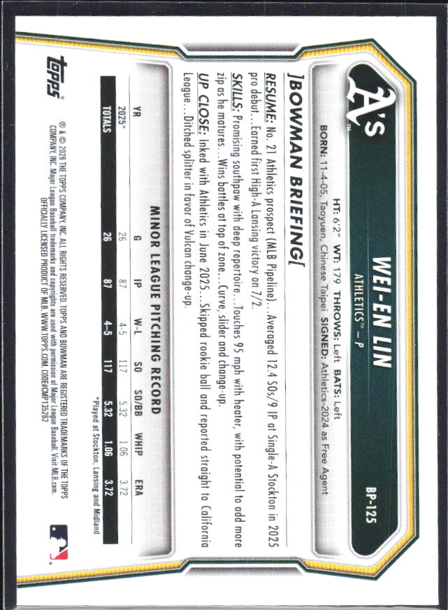 Wei-En Lin 2026 Bowman 1st Prospects #BP-125 – baksida