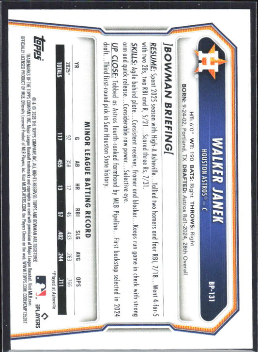 Walker Janek 2026 Bowman Prospects #BP-131 – baksida