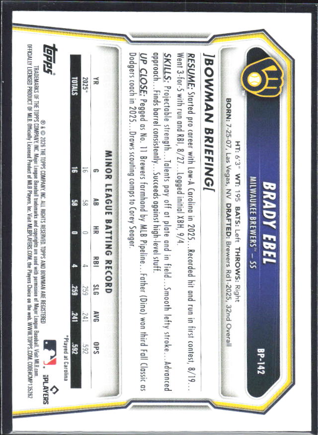 Brady Ebel 2026 Bowman Prospects #BP-142 – baksida
