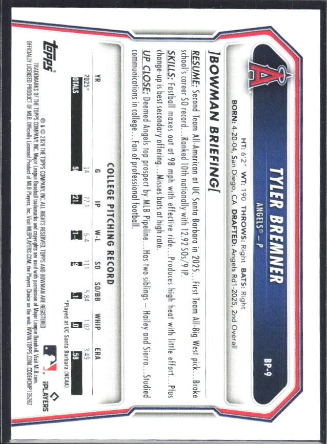 Tyler Bremner 2026 Bowman Prospects #BP-9 – baksida