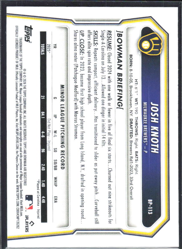 Josh Knoth 2026 Bowman Prospects #BP-113 – baksida