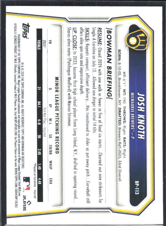 Josh Knoth 2026 Bowman Prospects #BP-113 – baksida
