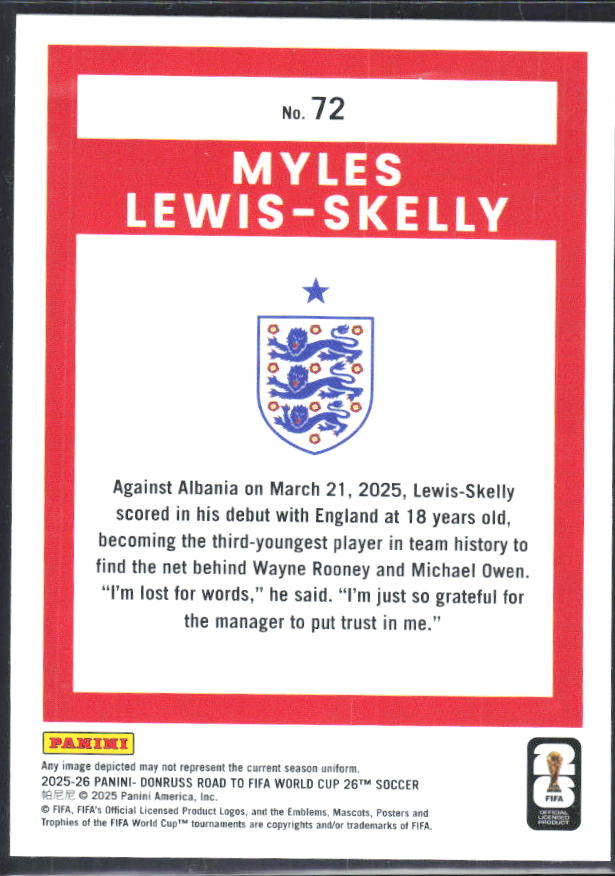 Myles Lewis-Skelly 2025-26 Donruss Road to FIFA WC #72 – baksida