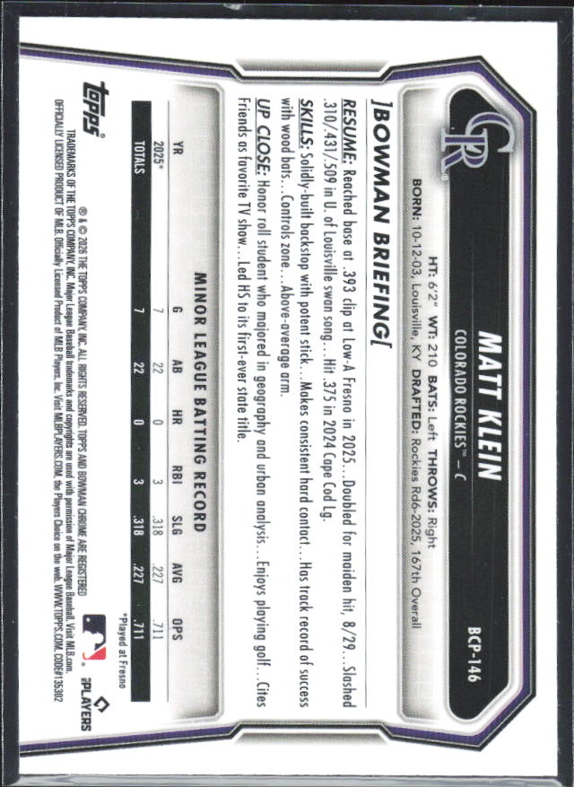 Matt Klein 2026 Bowman 1st Chrome Prospects #BCP-146 – baksida
