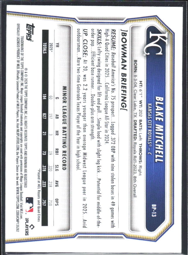 Blake Mitchell 2026 Bowman Prospects #BP-13 – baksida