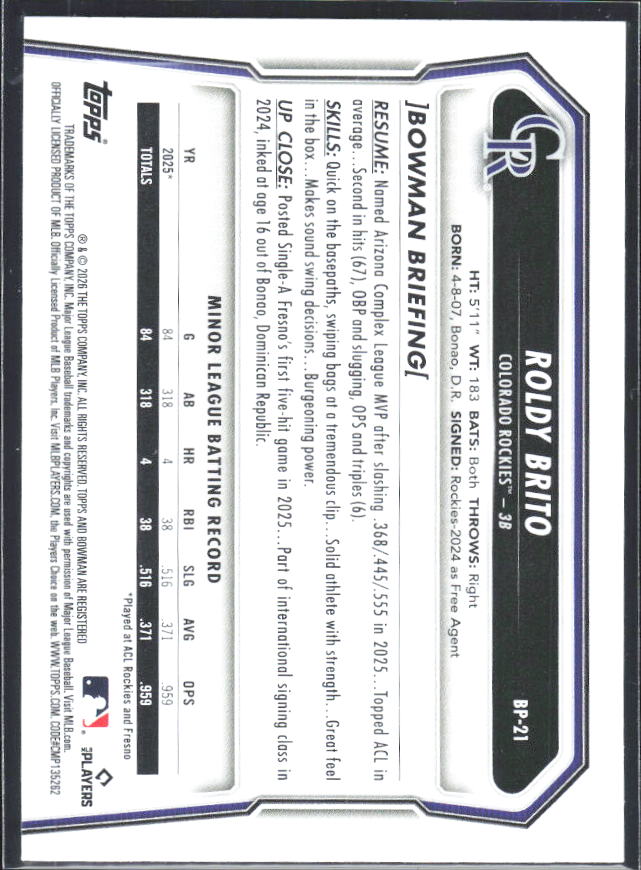 Roldy Brito 2026 Bowman 1st Prospects #BP-21 – baksida