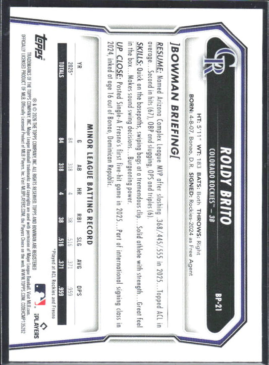 Roldy Brito 2026 Bowman 1st Prospects #BP-21 – baksida