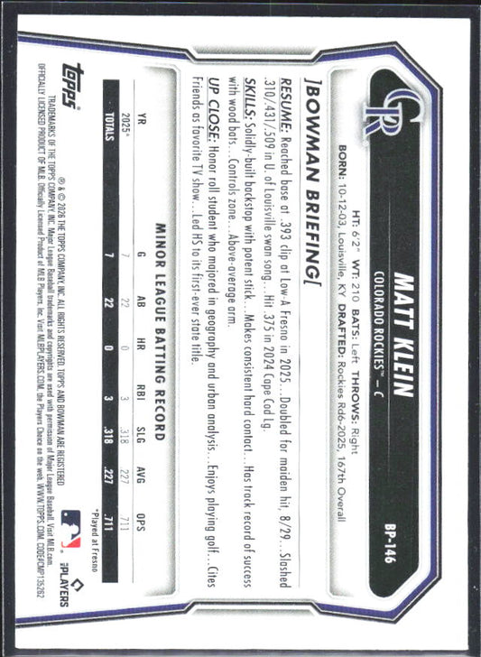 Matt Klein 2026 Bowman 1st Prospects #BP-146 – baksida