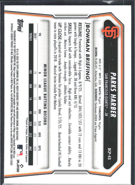 Parks Harber 2026 Bowman 1st Chrome Prospects #BCP-43 – baksida