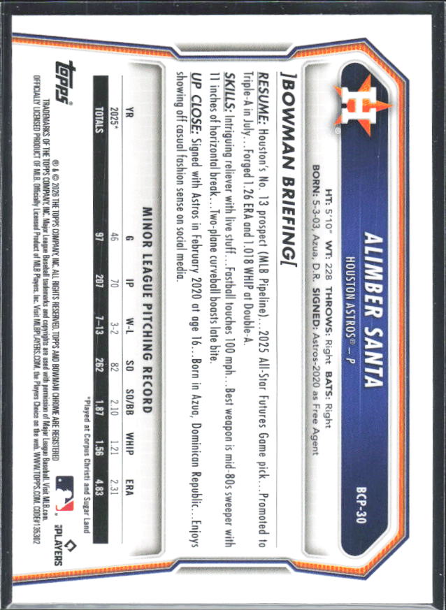 Alimber Santa 2026 Bowman 1st Chrome Prospects #BCP-30 – baksida
