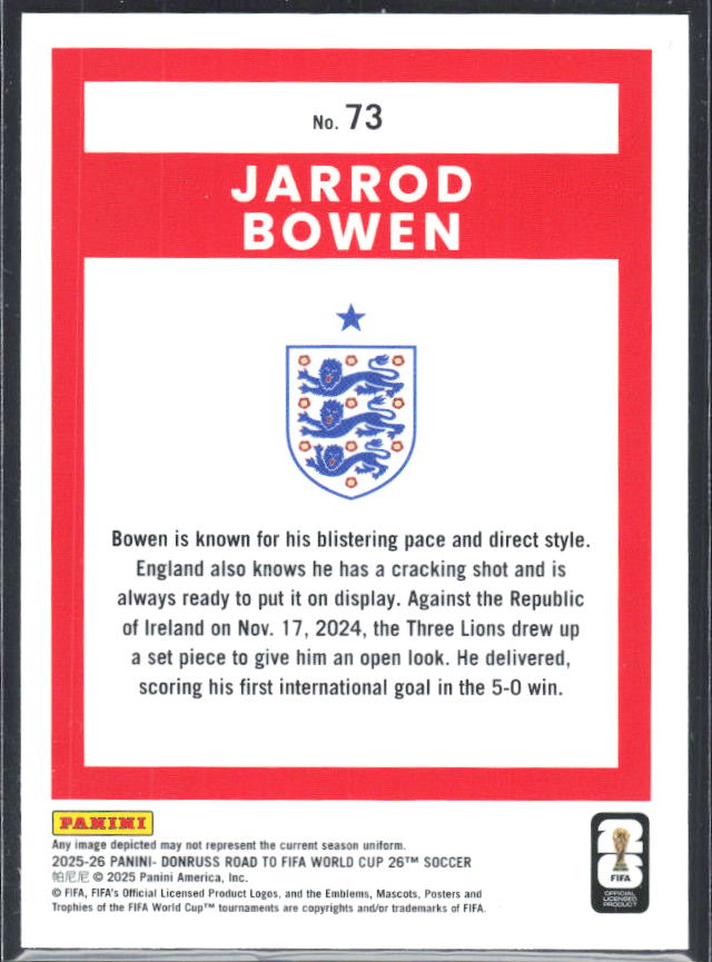 Jarrod Bowen 2025-26 Donruss Road to FIFA WC Optic #73 – baksida