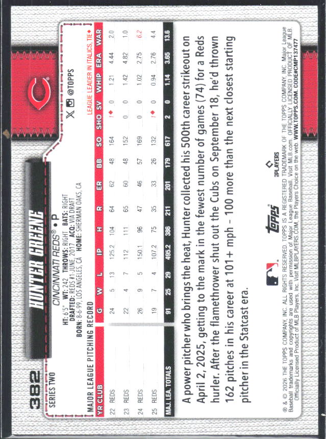 Hunter Greene 2026 Series 2 #382 – baksida