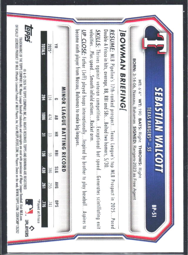 Sebastian Walcott 2026 Bowman Prospects #BP-51 – baksida