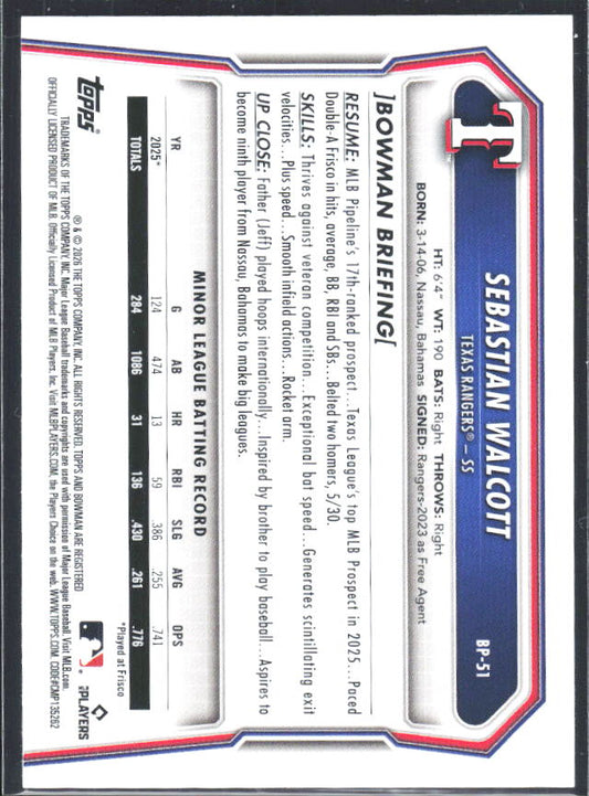 Sebastian Walcott 2026 Bowman Prospects #BP-51 – baksida