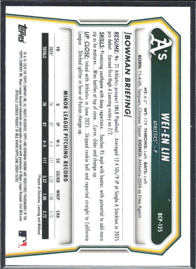 Wei-En Lin 2026 Bowman 1st Chrome Prospects #BCP-125 – baksida
