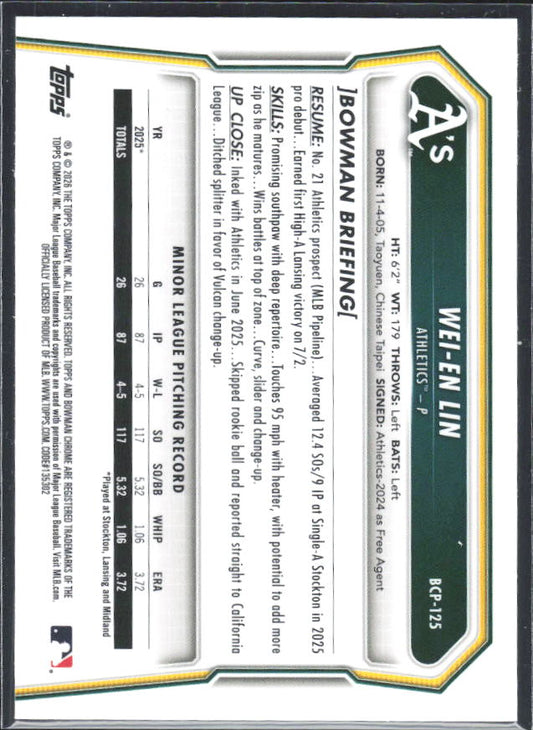 Wei-En Lin 2026 Bowman 1st Chrome Prospects #BCP-125 – baksida