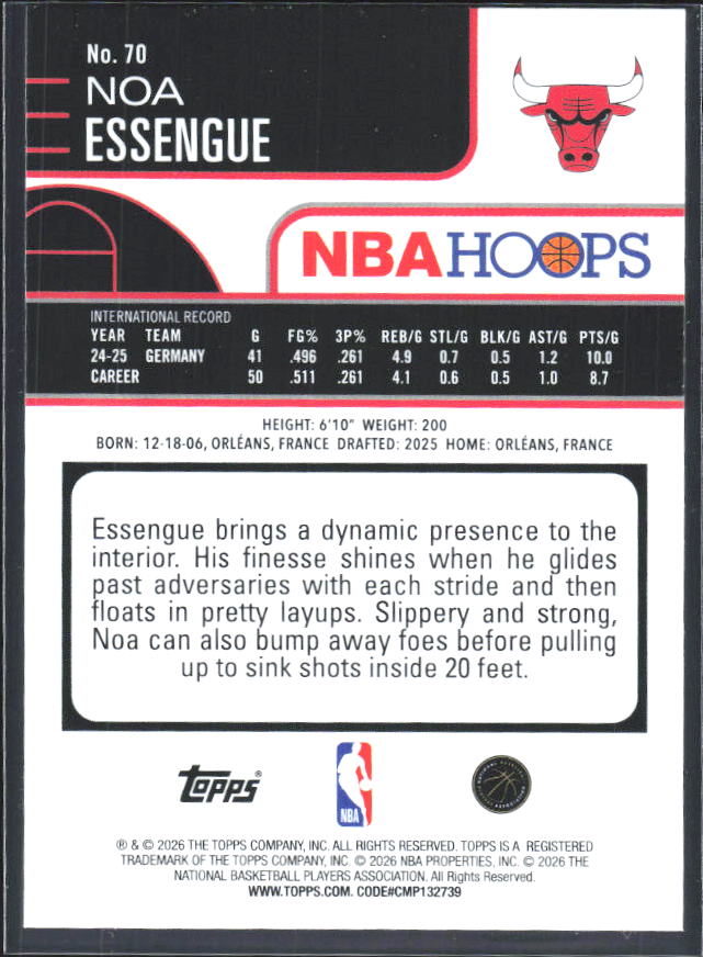 Noa Essengue 2025-26 NBA Hoops RC #70 – baksida