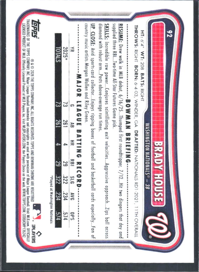 Brady House 2026 Bowman RC #92 – baksida