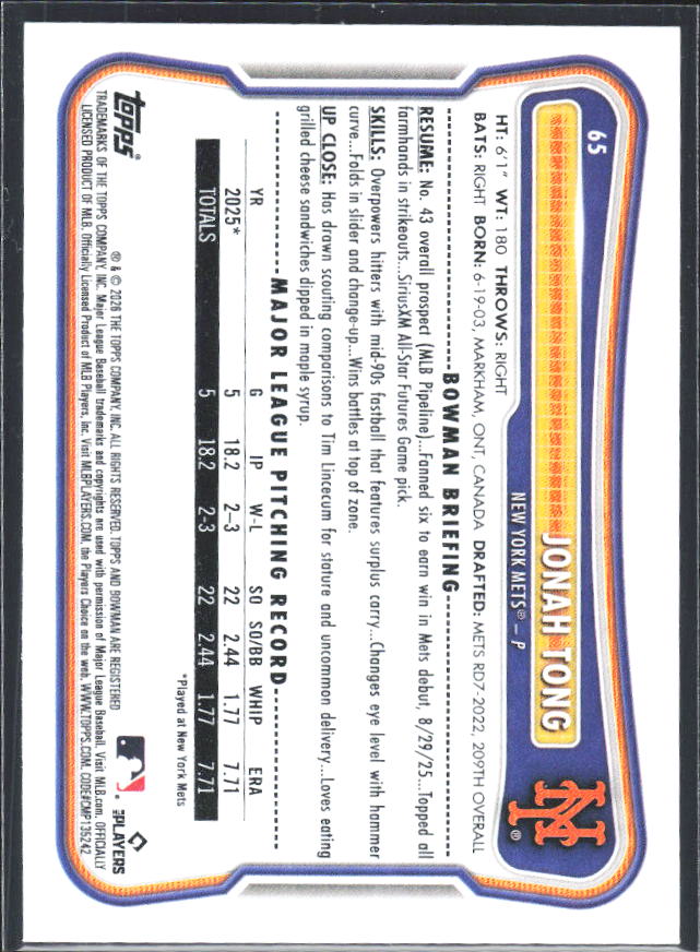 Jonah Tong 2026 Bowman RC #65 – baksida