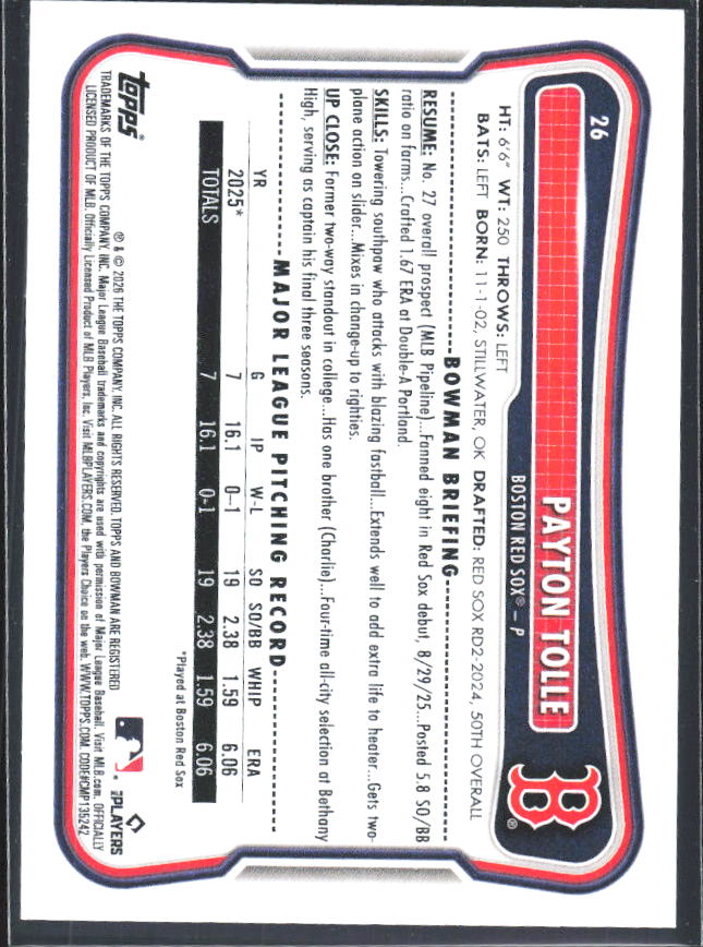 Payton Tolle 2026 Bowman RC #26 – baksida