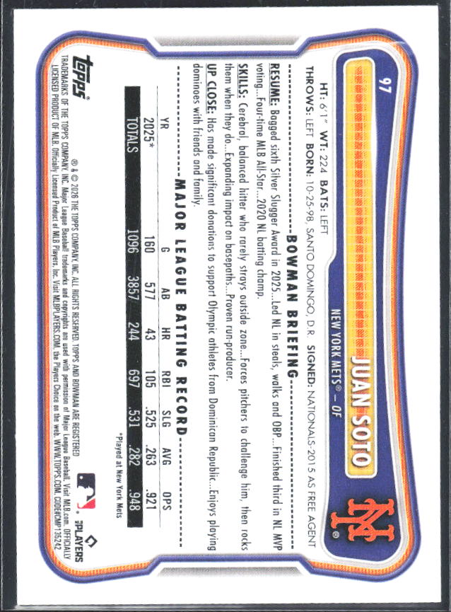 Juan Soto 2026 Bowman #97 – baksida