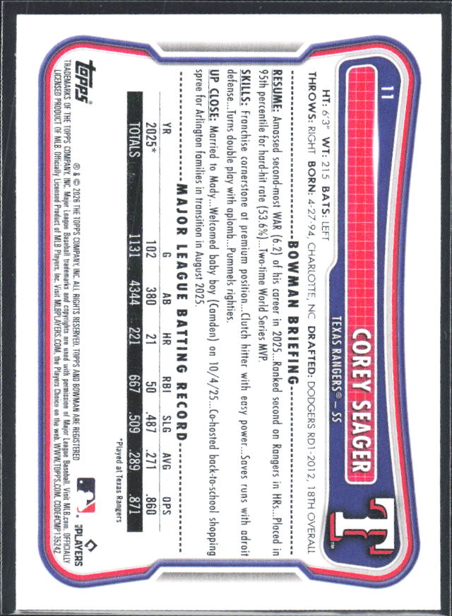 Corey Seager 2026 Bowman #11 – baksida