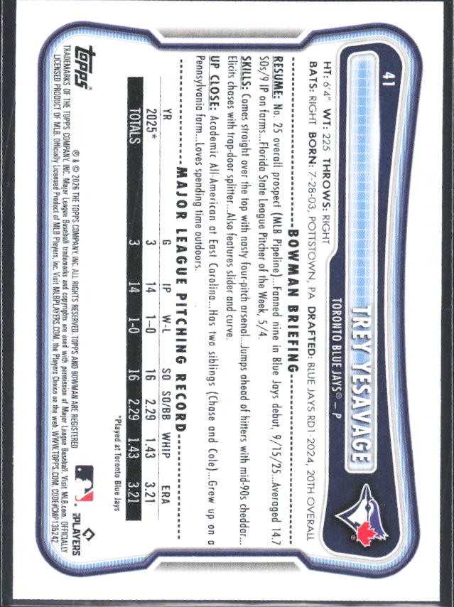 Trey Yesavage 2026 Bowman RC #41 – baksida