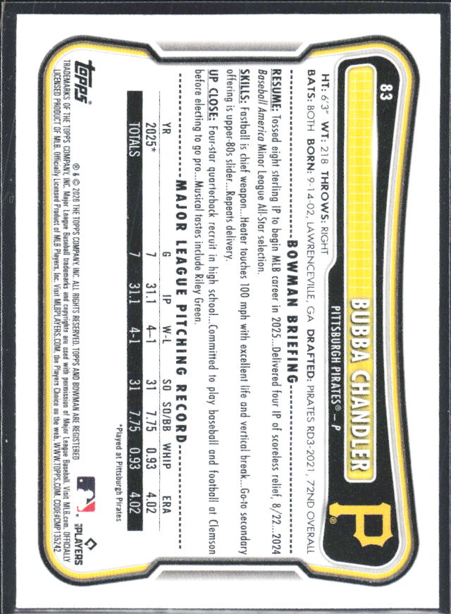 Bubba Chandler 2026 Bowman RC #83 – baksida