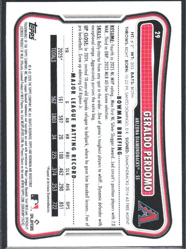 Geraldo Perdomo 2026 Bowman #29 – baksida