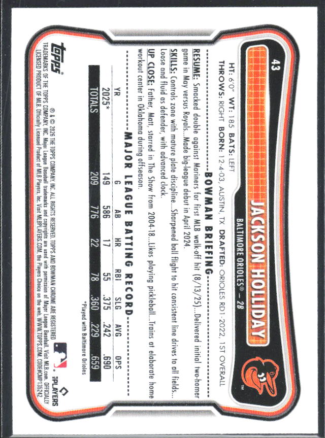 Jackson Holliday 2026 Bowman #43 – baksida