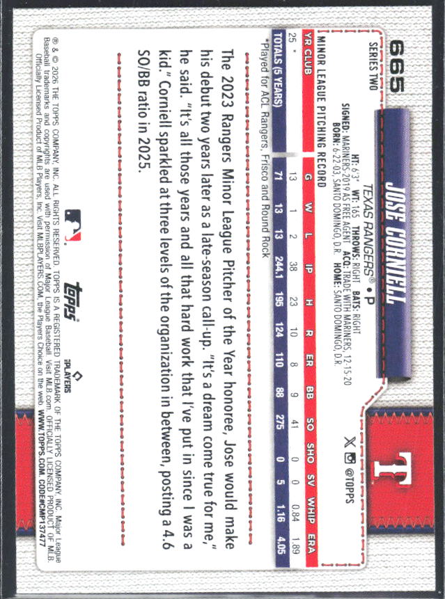 Jose Corniell 2026 Series 2 RC #665 – baksida