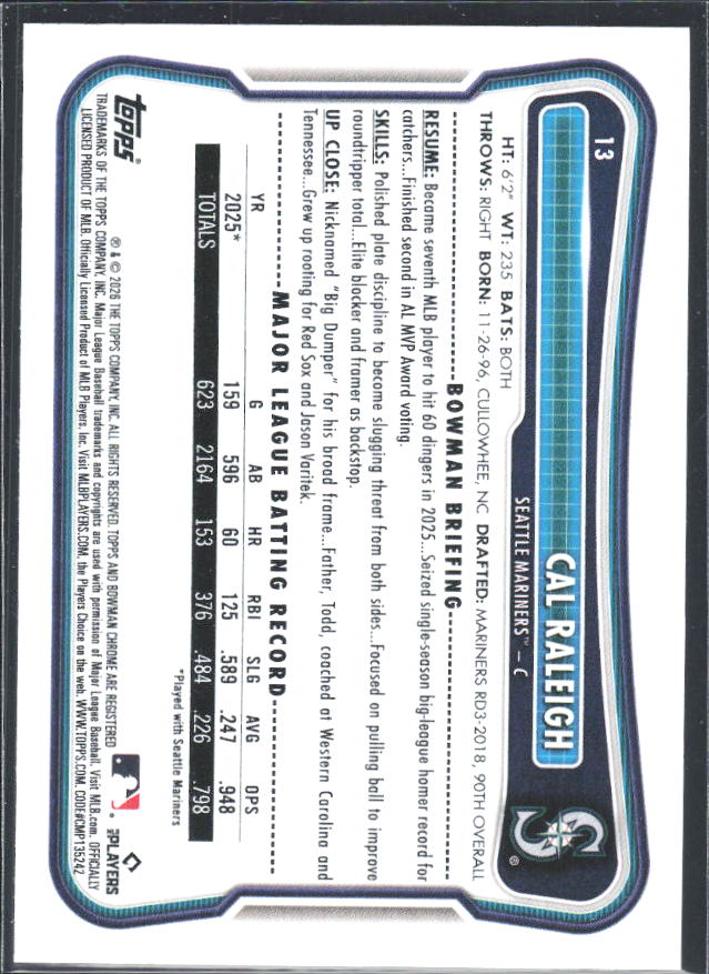 Cal Raleigh 2026 Bowman #13 – baksida
