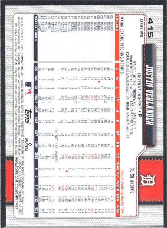 Justin Verlander 2026 Series 2 #415 – baksida