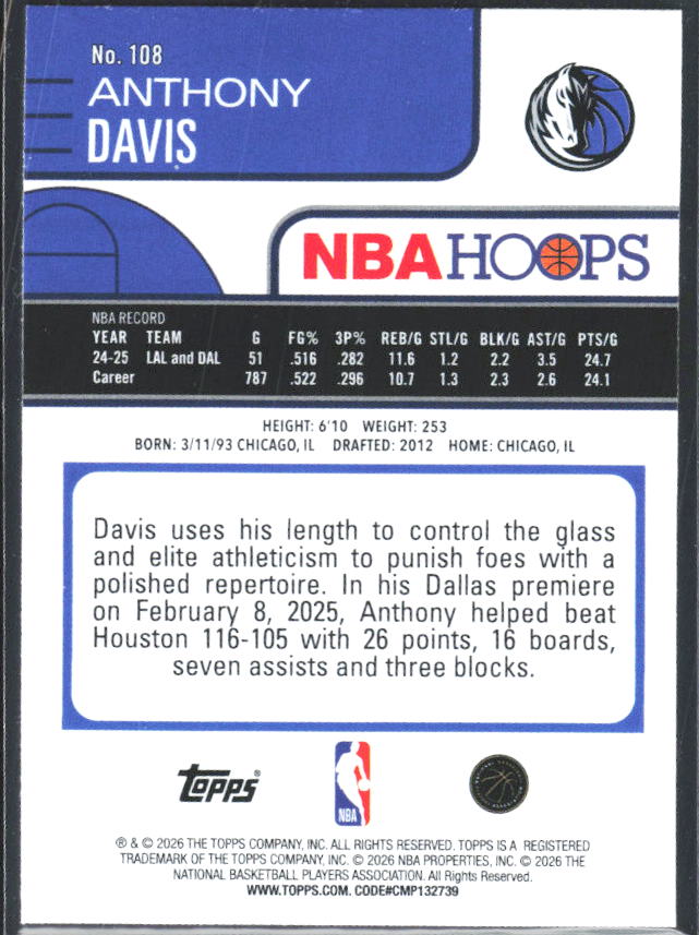 Anthony Davis 2025-26 NBA Hoops #108 – baksida