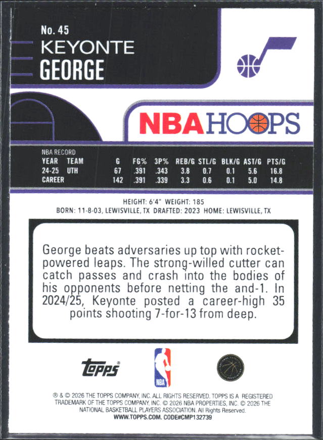 Keyonte George 2025-26 NBA Hoops #45 – baksida