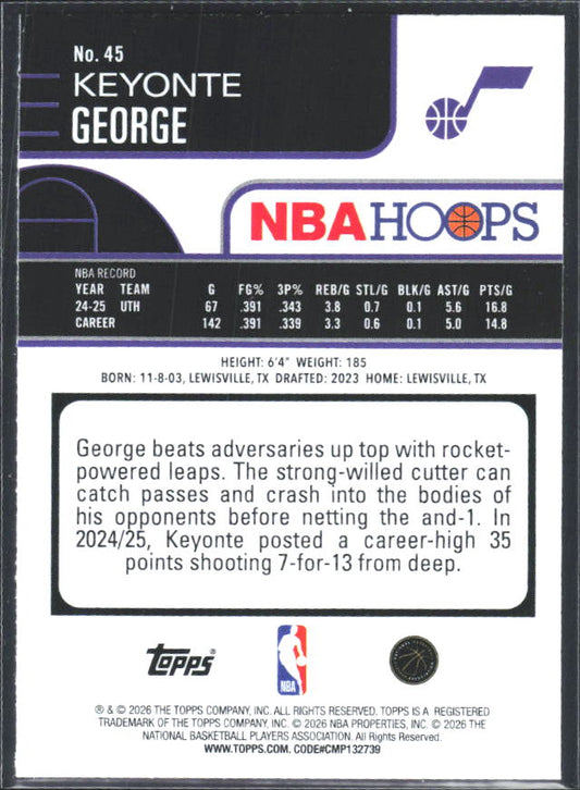 Keyonte George 2025-26 NBA Hoops #45 – baksida