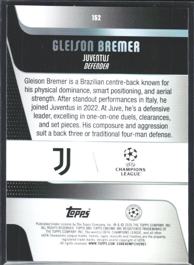 Gleison Bremer 2025-26 Chrome UEFA #152 – baksida